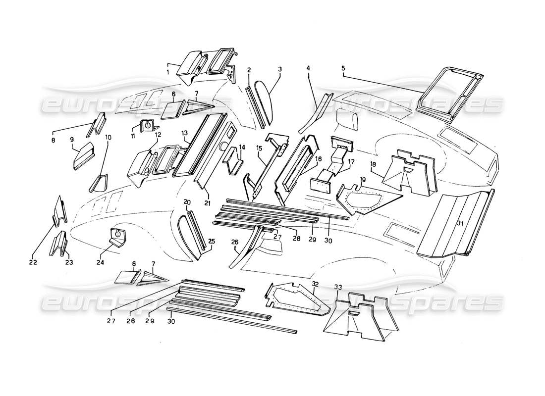 lamborghini countach 5000 qvi (1989) revestimientos interiores y exteriores diagrama de piezas