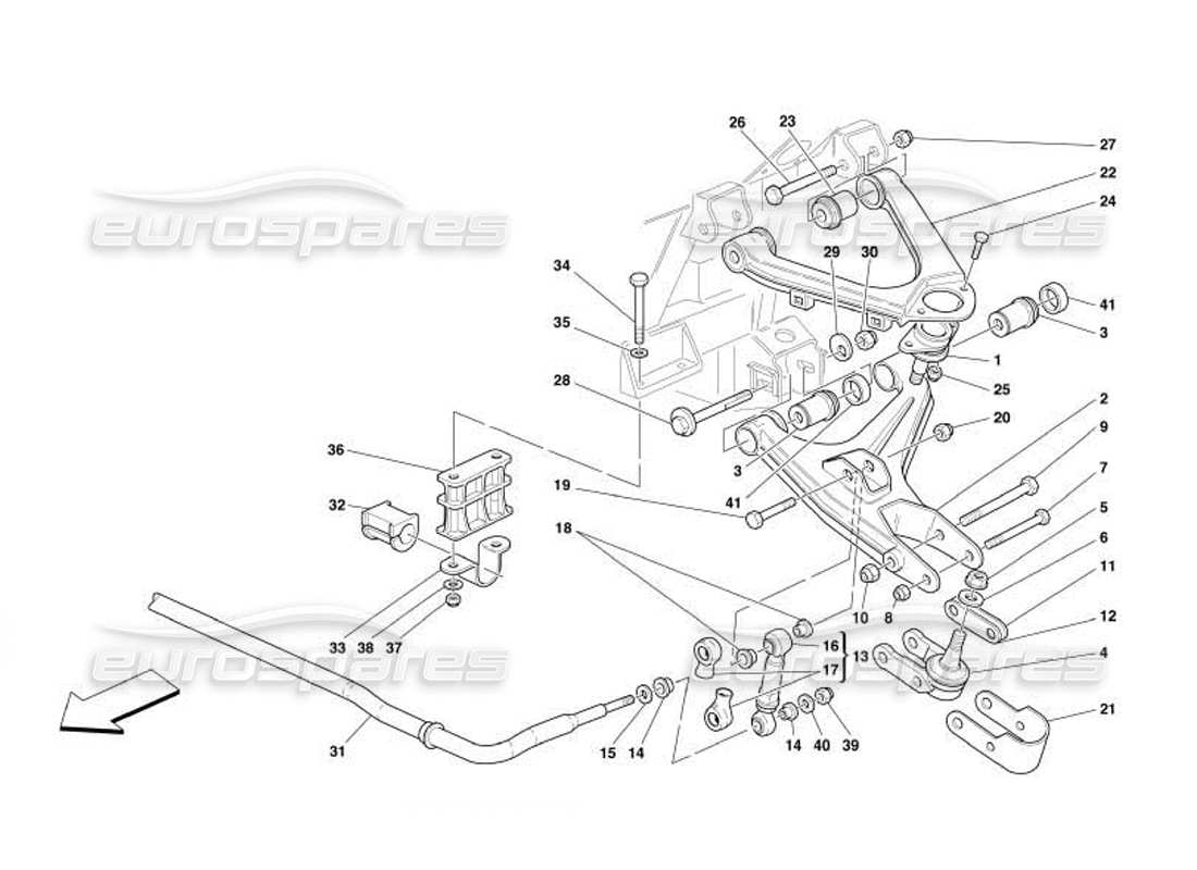 ferrari 550 barchetta suspensión delantera: diagrama de piezas de brazos oscilantes y barra estabilizadora