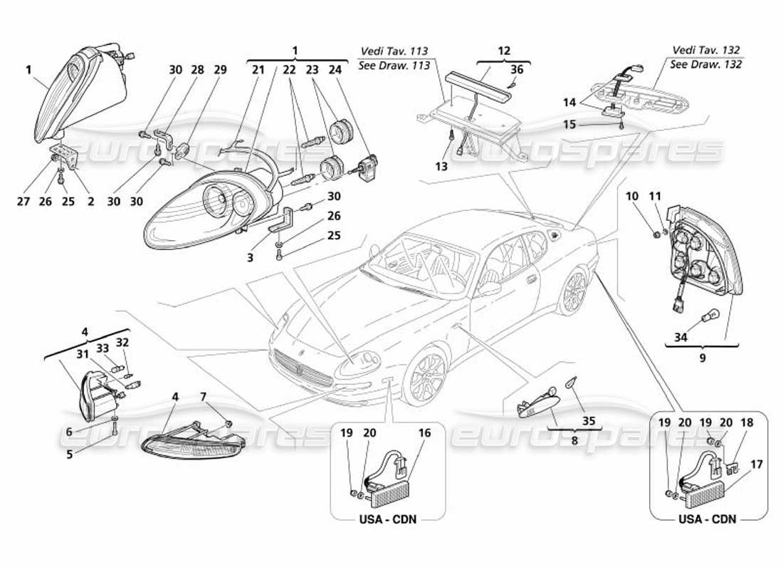 maserati 4200 coupe (2005) diagrama de piezas de las luces delanteras y traseras
