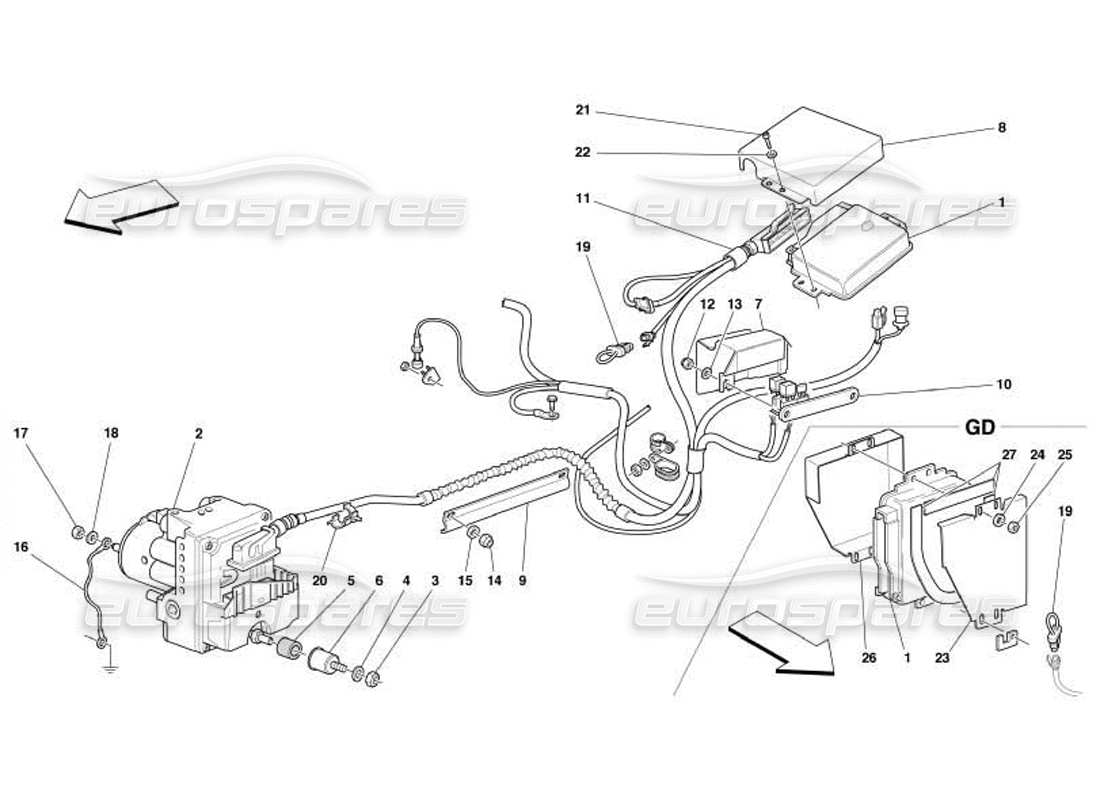 ferrari 550 barchetta diagrama de piezas de la unidad de control y equipo hidráulico para el sistema abs-asr