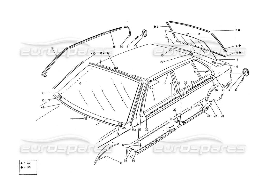 maserati 418 / 4.24v / 430 vidrios fijos y remates diagrama de piezas