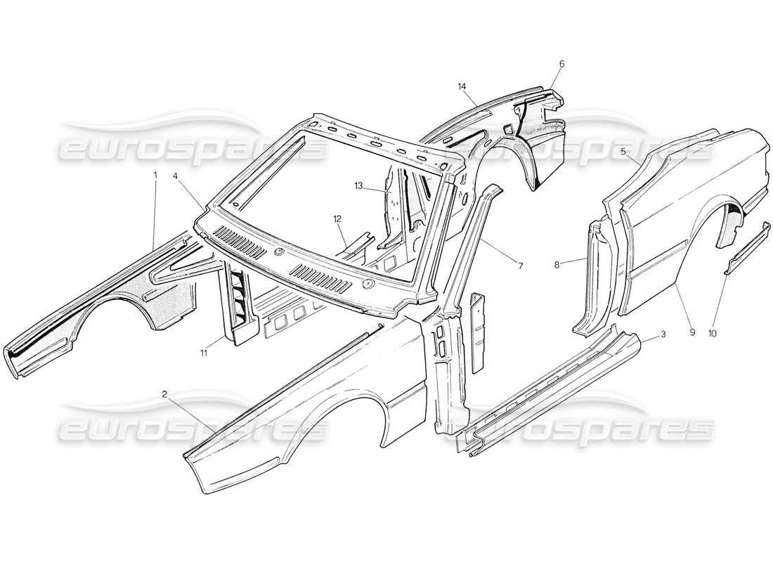 maserati biturbo spider carrocería: paneles exteriores diagrama de piezas