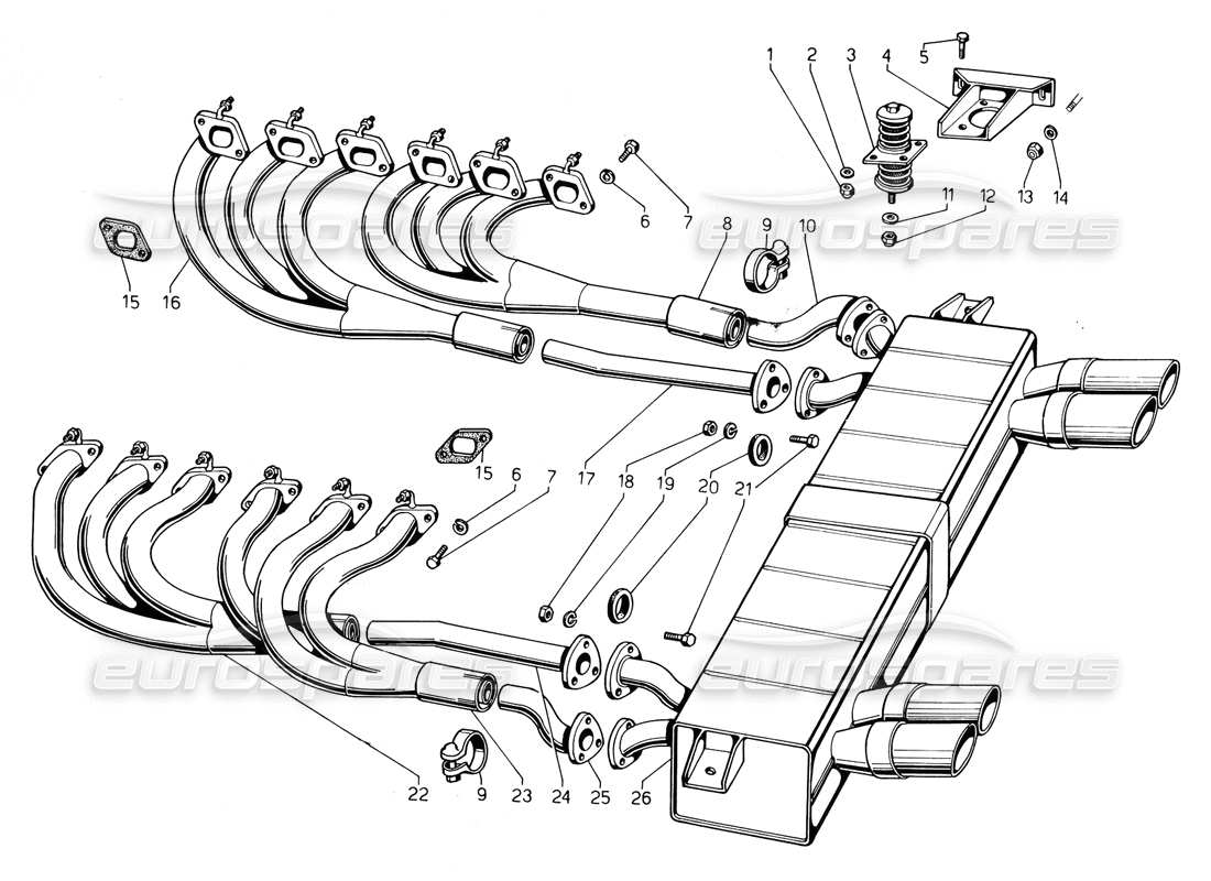 lamborghini countach 5000 qv (1985) diagrama de piezas de los tubos de escape