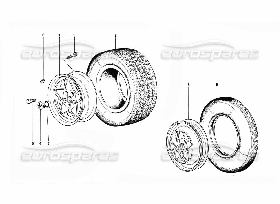 ferrari 328 (1988) diagrama de piezas de ruedas (hasta el número de automóvil 76625)