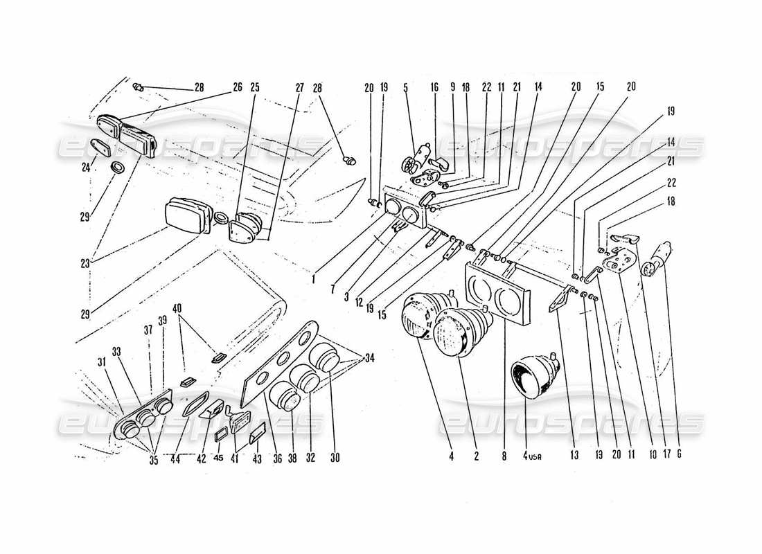 ferrari 365 gtc4 (coachwork) diagrama de piezas de luces delanteras y traseras