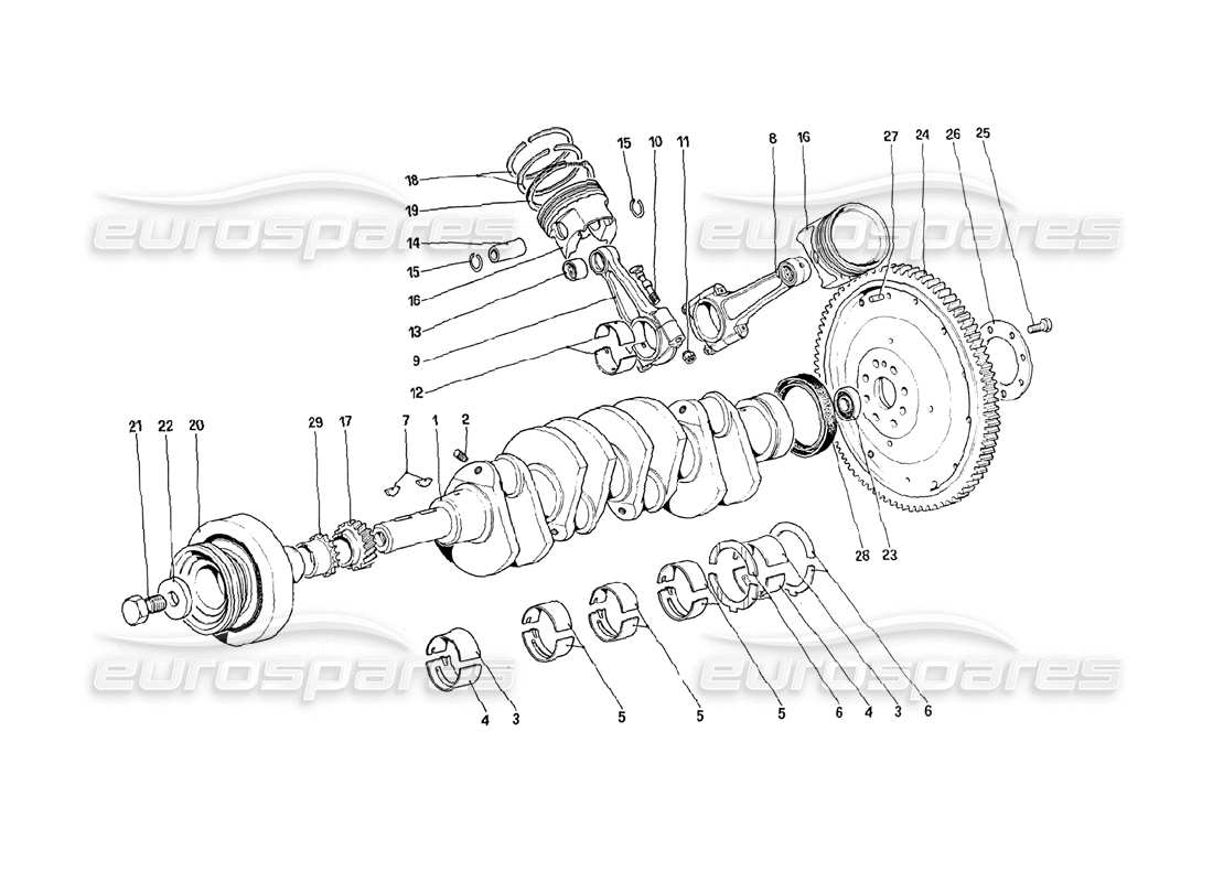 ferrari 288 gto crankshaft - connecting rods and pistons - flywheel part diagram