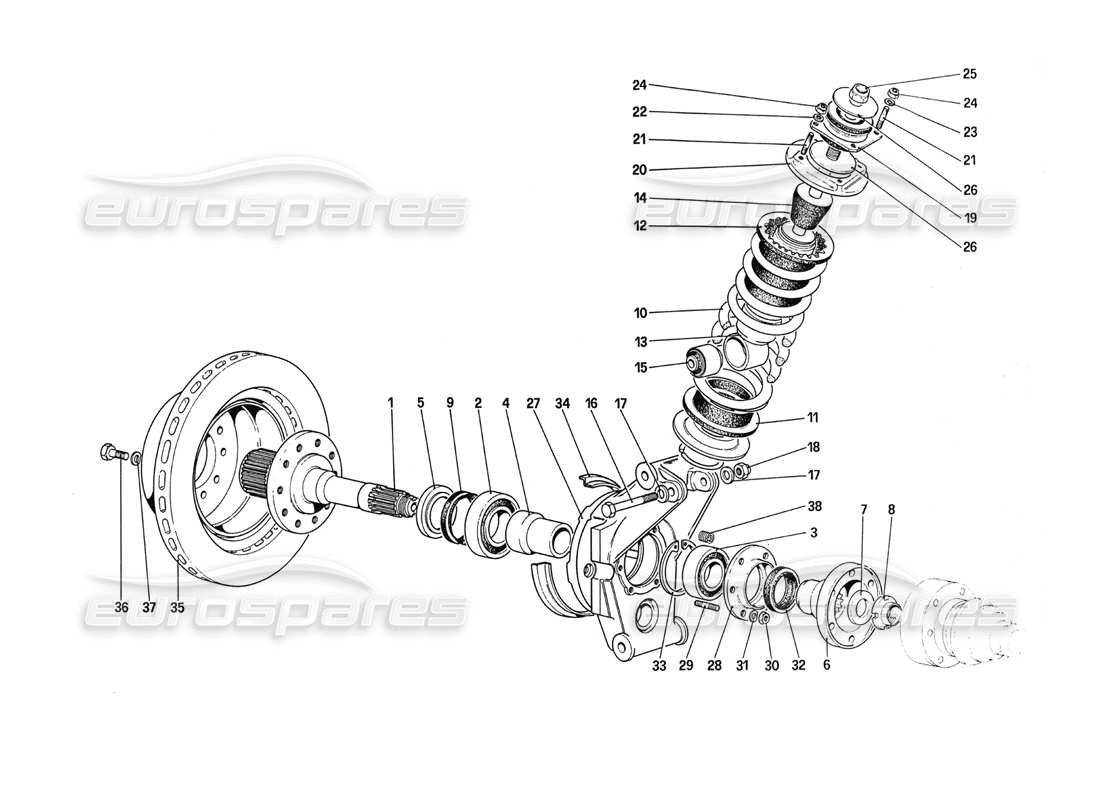ferrari 288 gto suspensión trasera: diagrama de piezas del amortiguador y del disco de freno