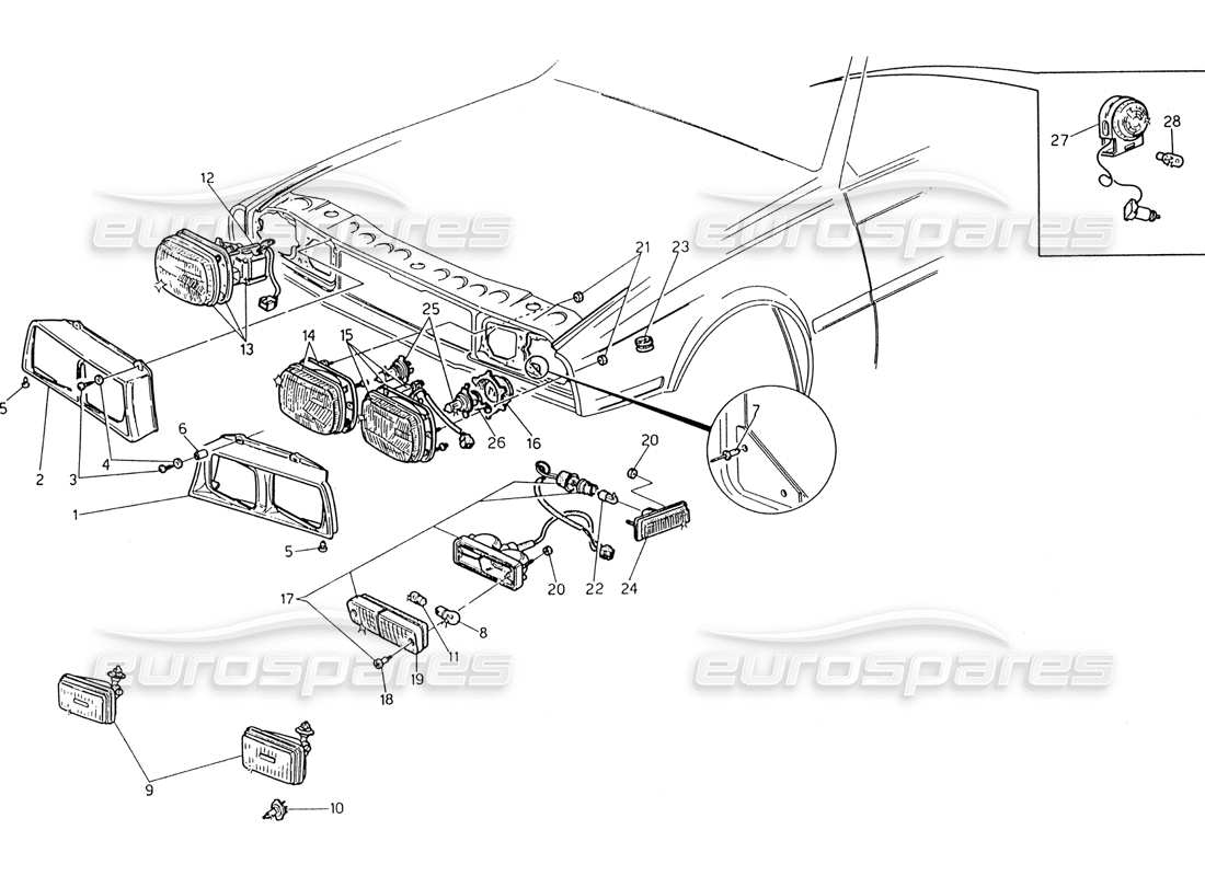 maserati 222 / 222e biturbo luces delanteras diagrama de piezas