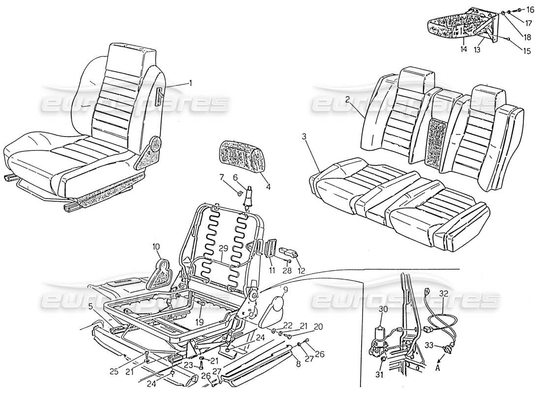 maserati 222 / 222e biturbo asientos delanteros y traseros diagrama de piezas