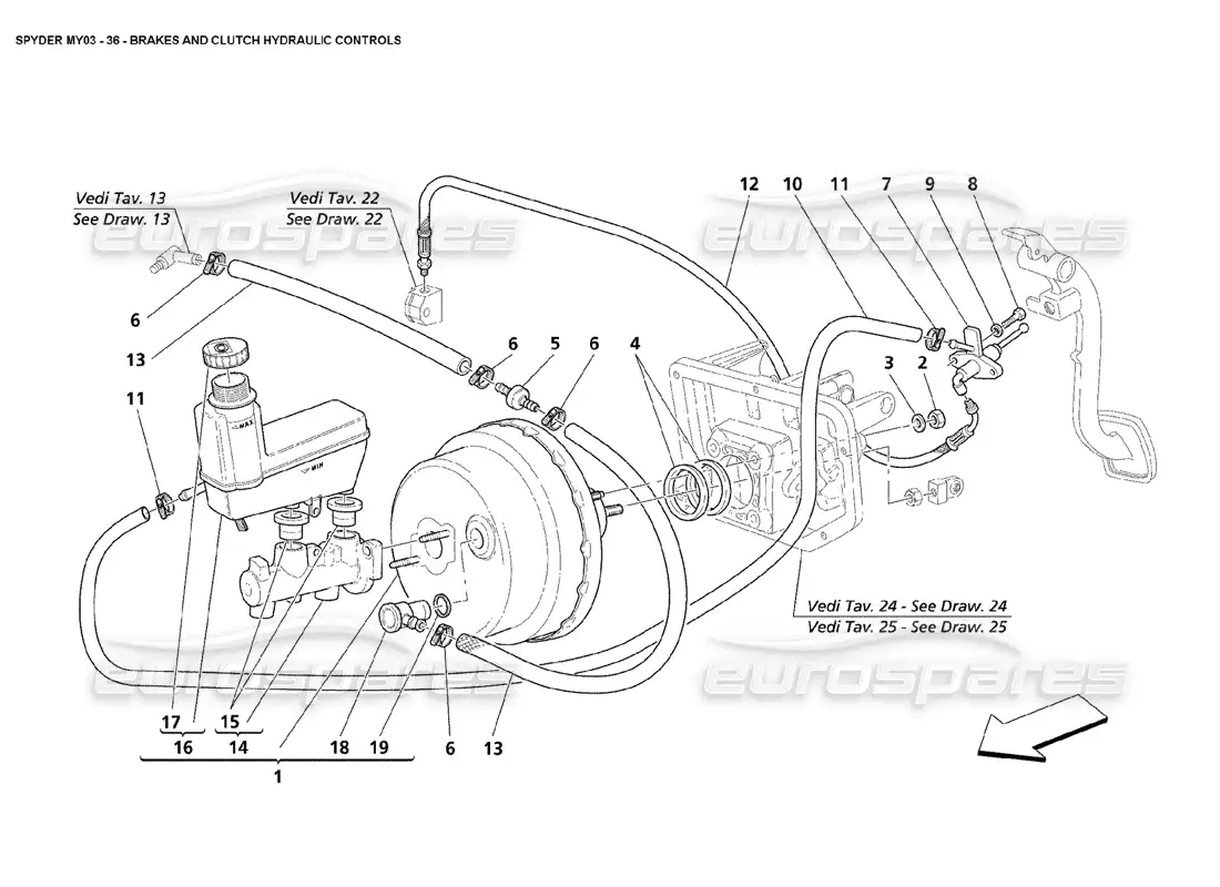 maserati 4200 spyder (2003) controles hidráulicos de frenos y embrague diagrama de piezas