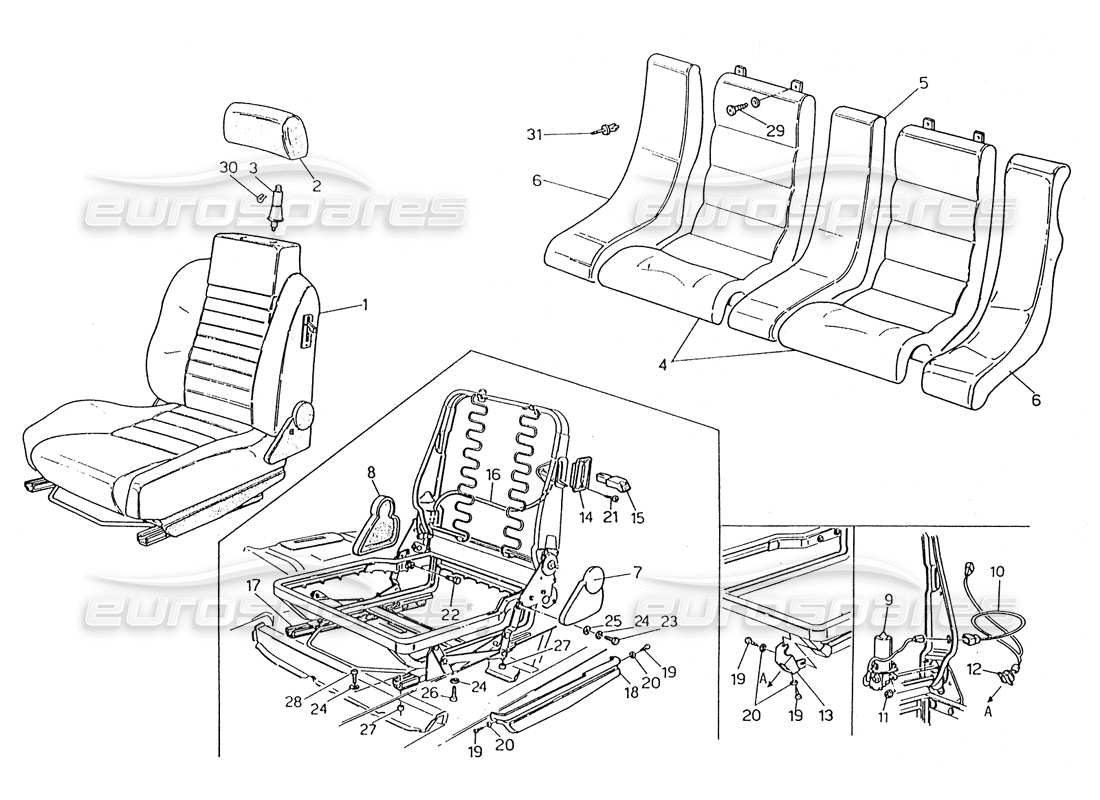 maserati karif 2.8 asientos delanteros y traseros diagrama de piezas