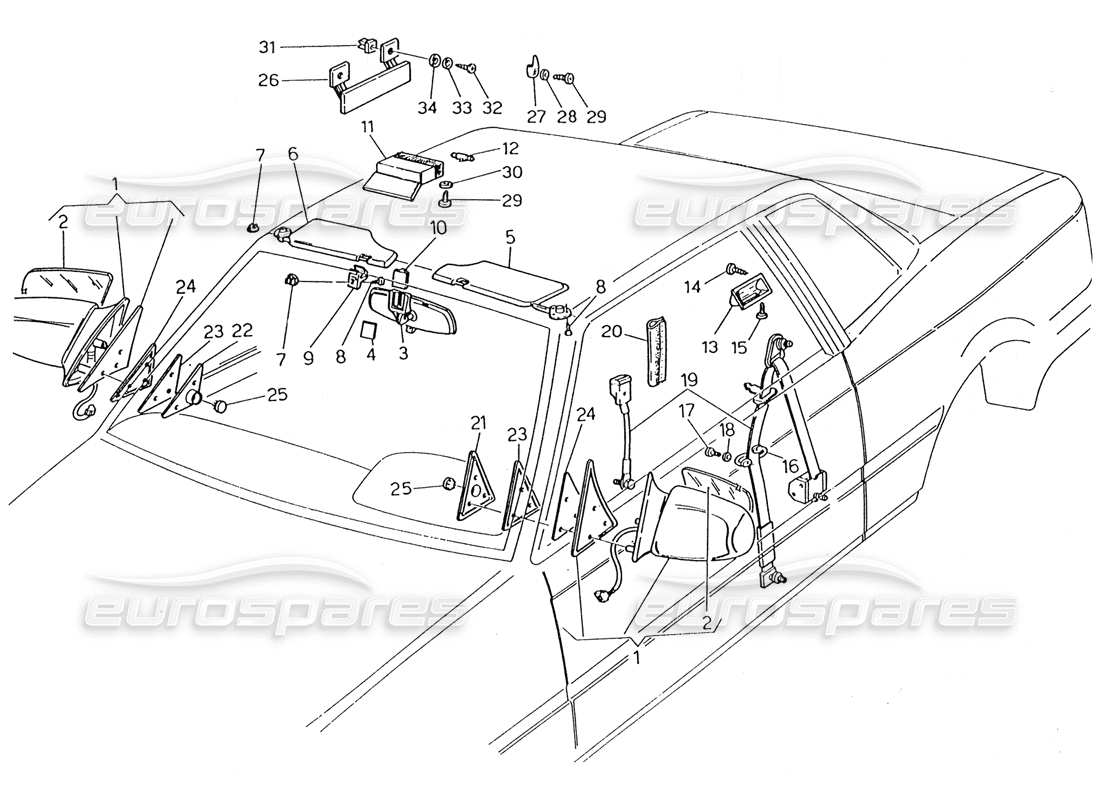 maserati karif 2.8 diagrama de piezas de cinturones de seguridad, espejos y visera solar