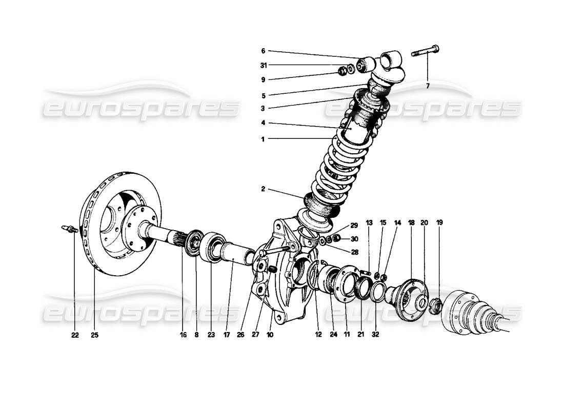 ferrari 208 turbo (1982) suspensión trasera - amortiguador y disco de freno diagrama de piezas