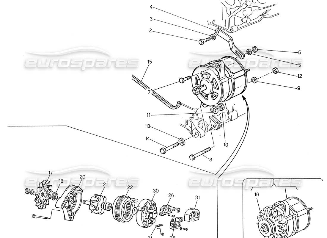 maserati 222 / 222e biturbo alternador y soporte diagrama de piezas