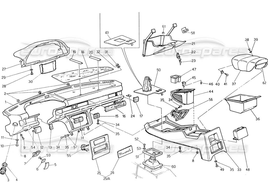 maserati 222 / 222e biturbo diagrama de piezas del panel de instrumentos y la consola (dirección izquierda)