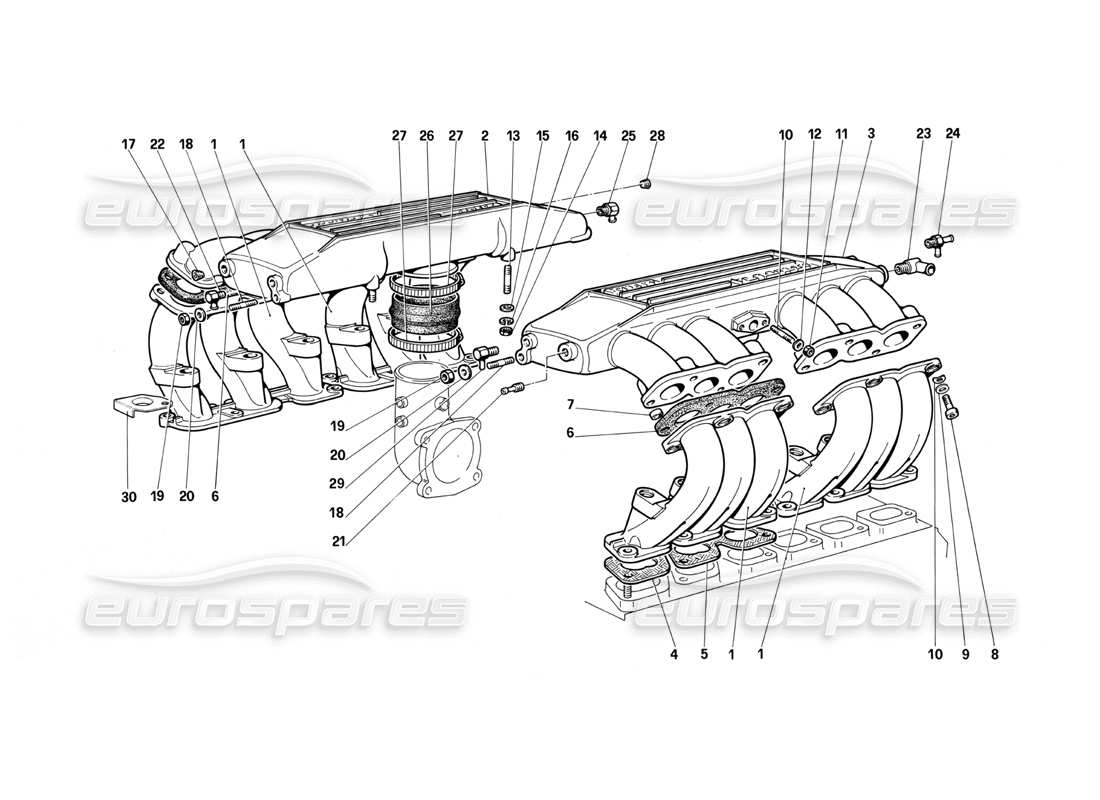 ferrari testarossa (1987) colectores de admisión de aire diagrama de piezas