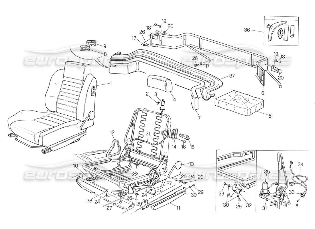 maserati biturbo spider diagrama de piezas de los asientos delanteros y traseros