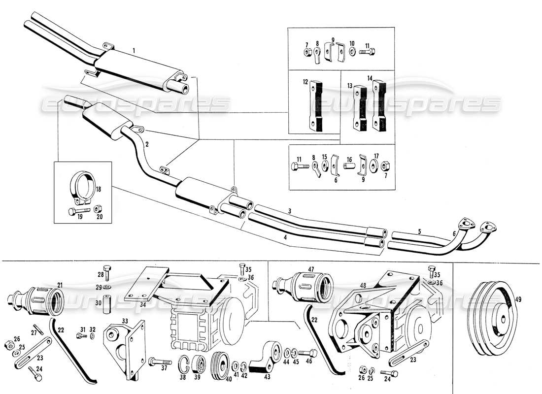 maserati mistral 3.7 diagrama de piezas de tubos de escape y soporte del compresor