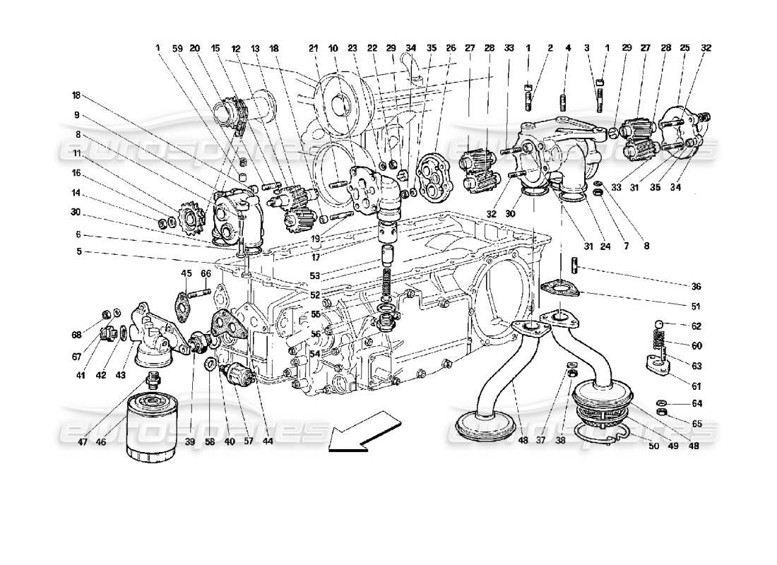 ferrari 512 tr lubricación: diagrama de piezas de bombas y filtro de aceite