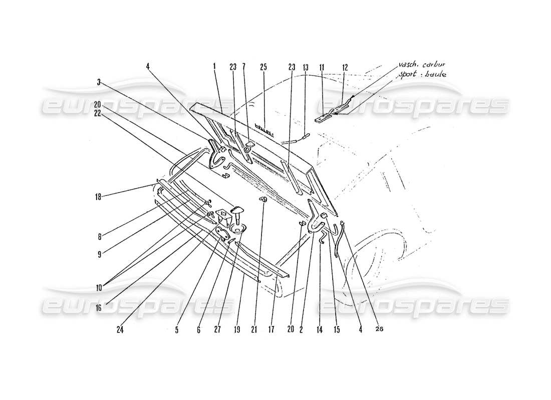 ferrari 365 gtc4 (coachwork) tapa trasera del maletero diagrama de piezas