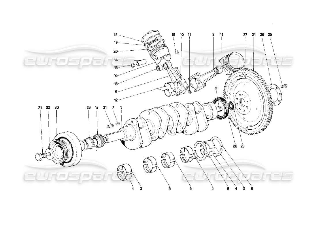 ferrari f40 eje impulsor - bielas y pistones - diagrama de piezas del volante del motor