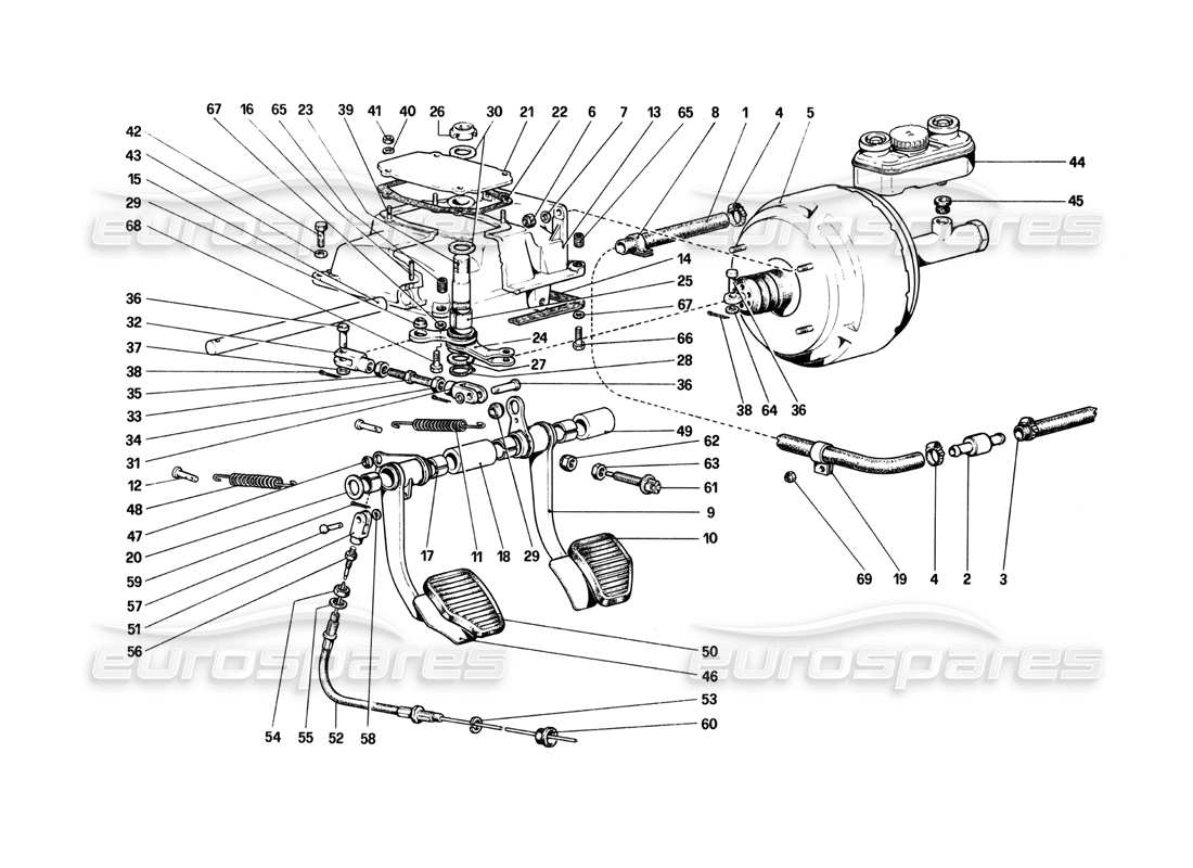 ferrari 208 turbo (1982) tablero de pedales - controles de freno y embrague diagrama de piezas
