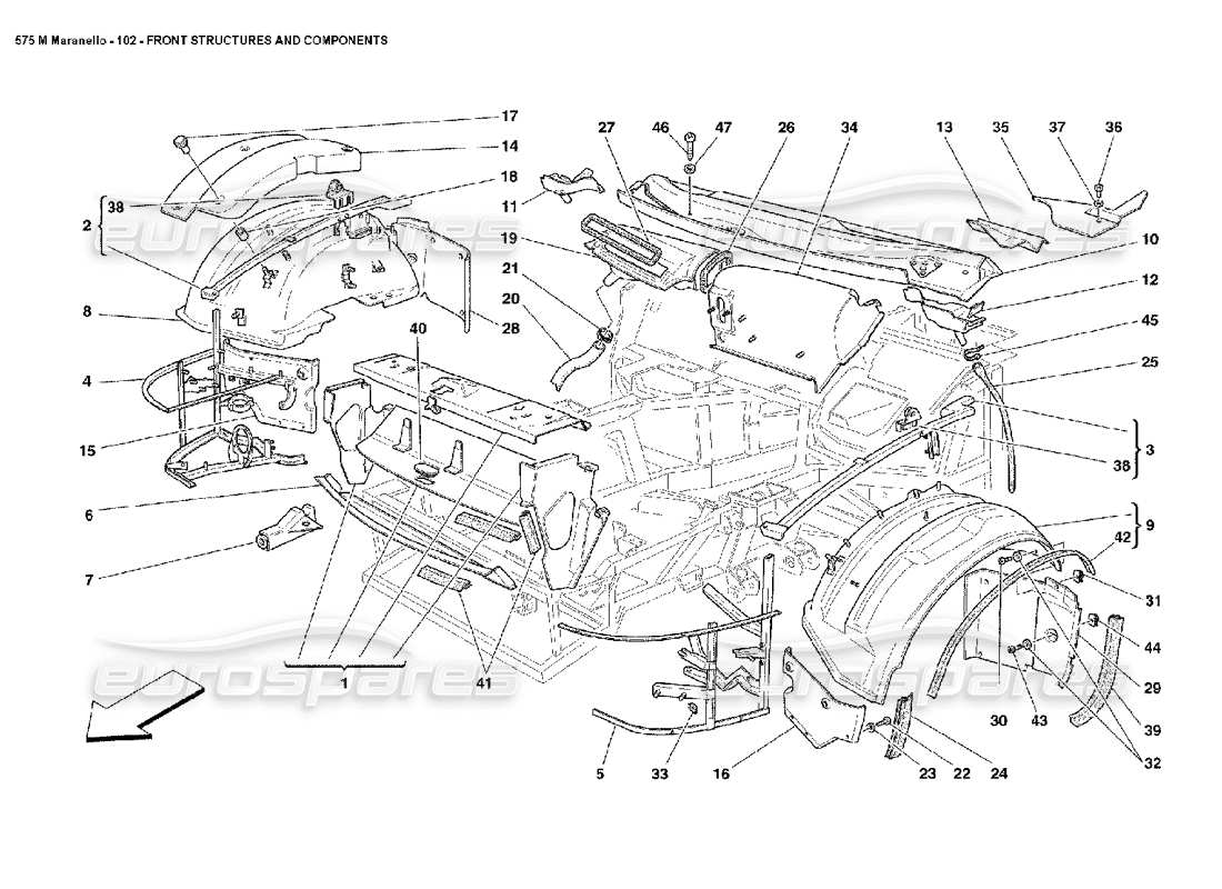 ferrari 575m maranello diagrama de piezas de estructuras y componentes frontales