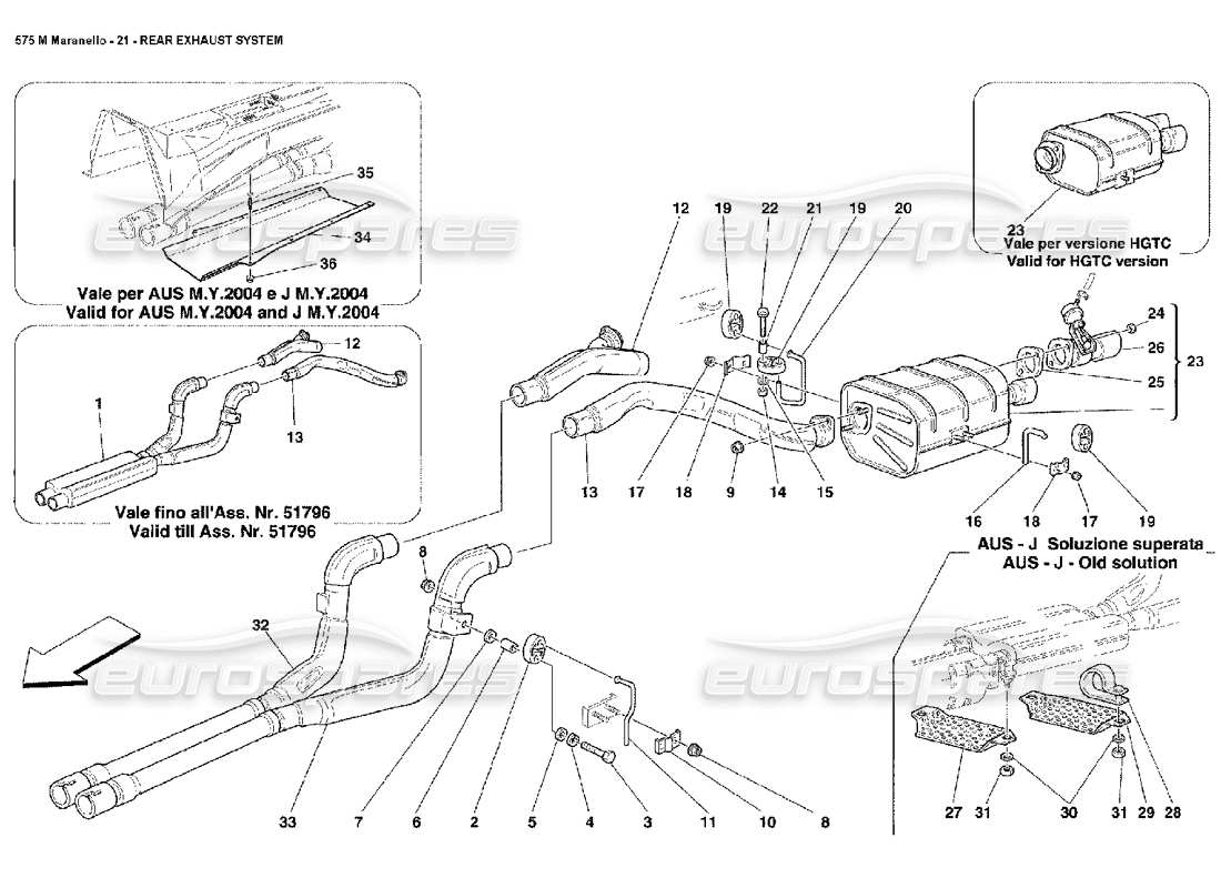 ferrari 575m maranello diagrama de piezas del sistema de escape trasero