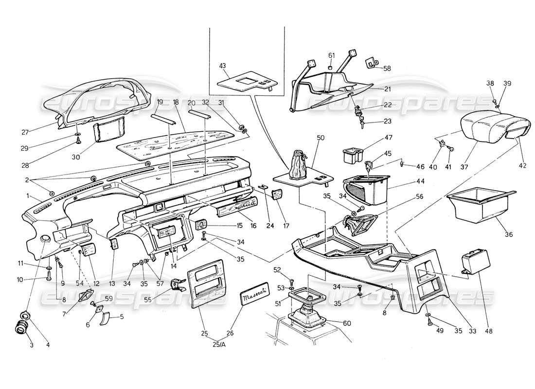 maserati biturbo spider diagrama de piezas del panel de instrumentos y la consola (dirección izquierda)
