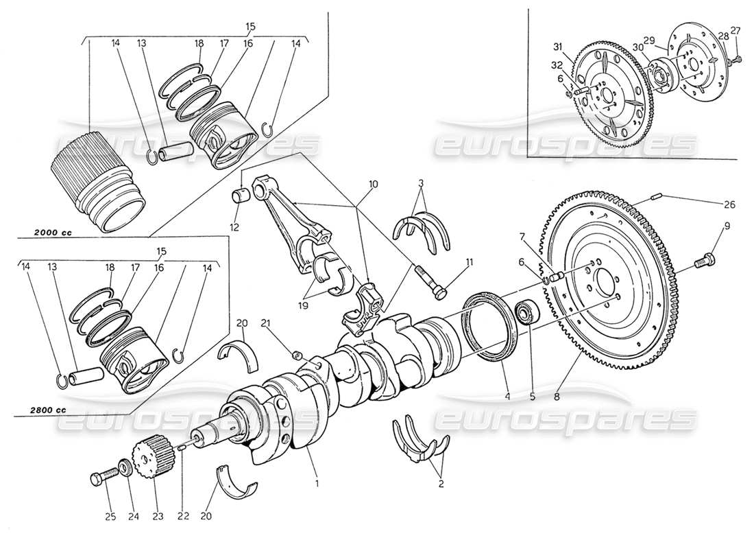 maserati biturbo spider cigüeñal - pistones - bielas y diagrama de piezas del volante