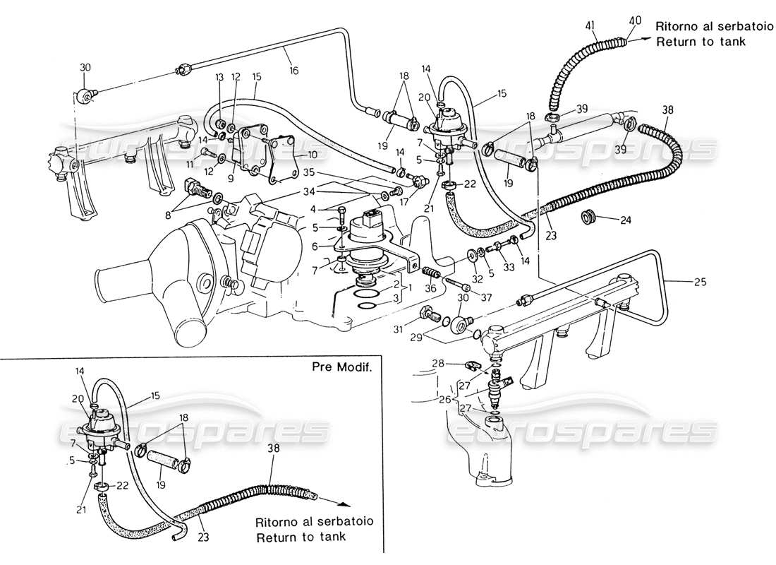 maserati 222 / 222e biturbo sistema de inyección - diagrama de piezas accesorios