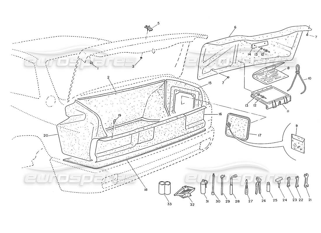 maserati ghibli 2.8 (non abs) diagrama de piezas de tapa de maletero, escudo, recorte y herramientas