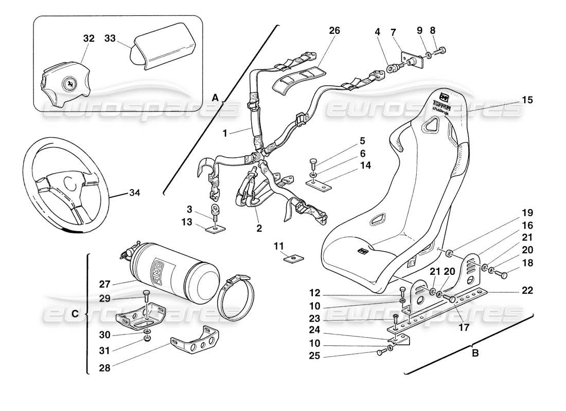 ferrari 355 challenge (1999) cinturones de seguridad de los asientos - asiento - diagrama de piezas del extintor de incendios