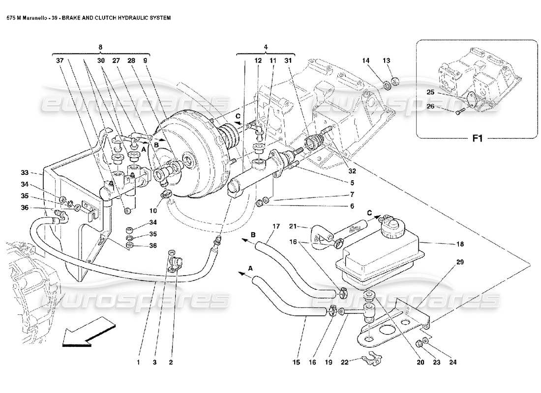 ferrari 575m maranello diagrama de piezas del sistema hidráulico de freno y embrague