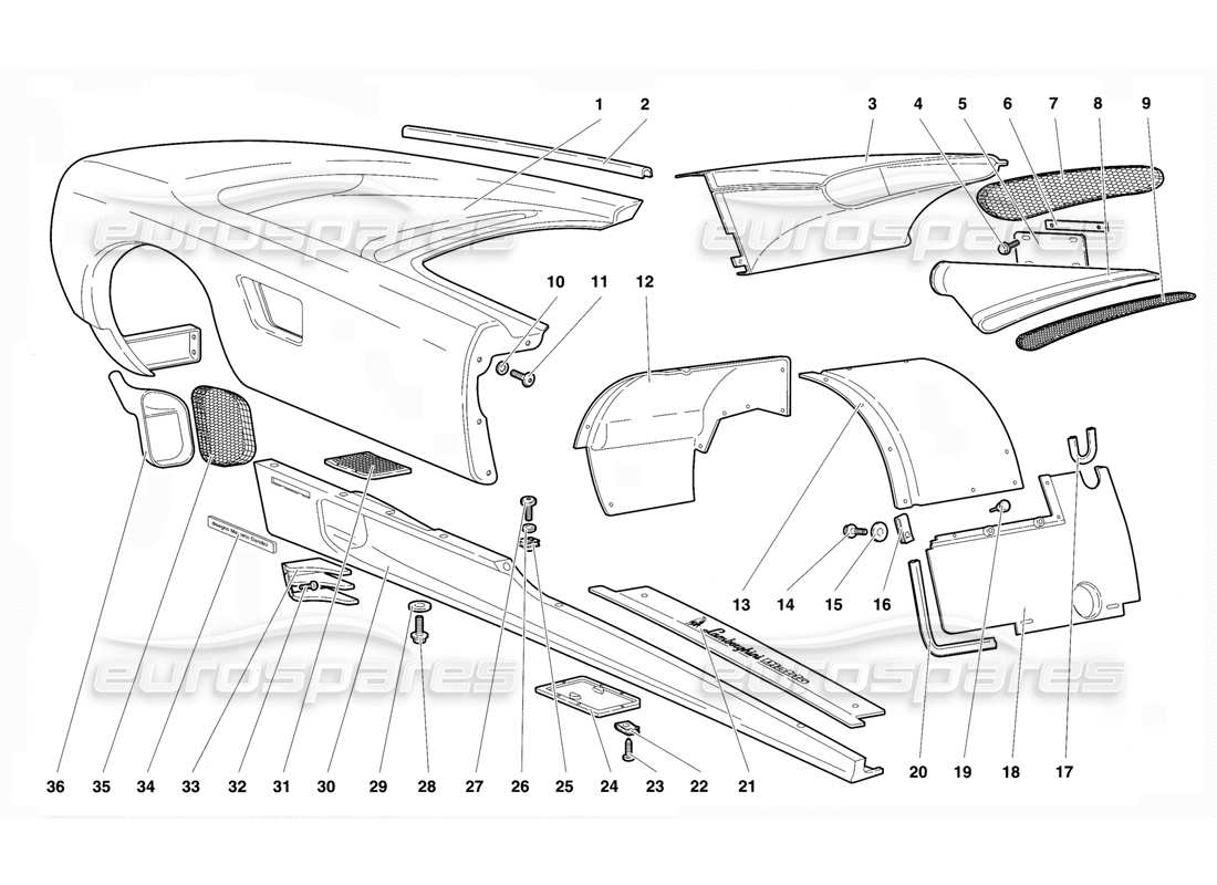 lamborghini diablo vt (1994) elementos de la carrocería: diagrama de piezas del flanco derecho