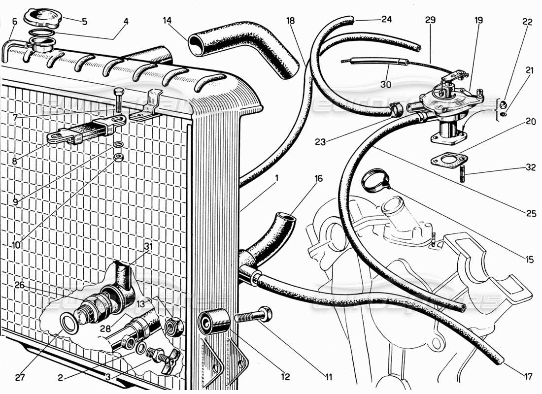 ferrari 330 gt 2+2 diagrama de piezas del radiador de agua