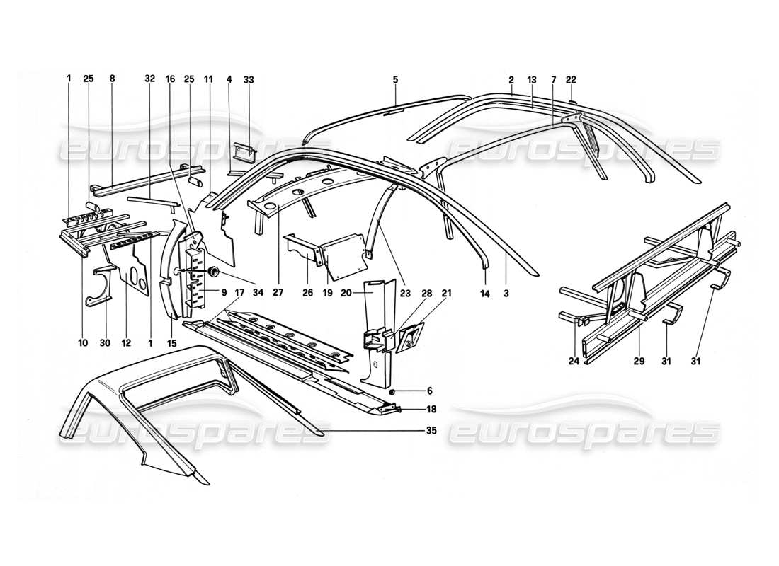 ferrari 208 turbo (1982) carrocería - elementos internos diagrama de piezas