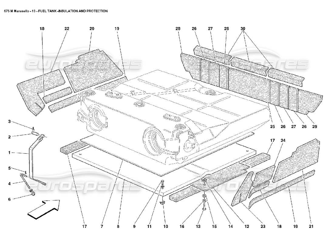 ferrari 575m maranello diagrama de piezas de protección y aislamiento del tanque de combustible