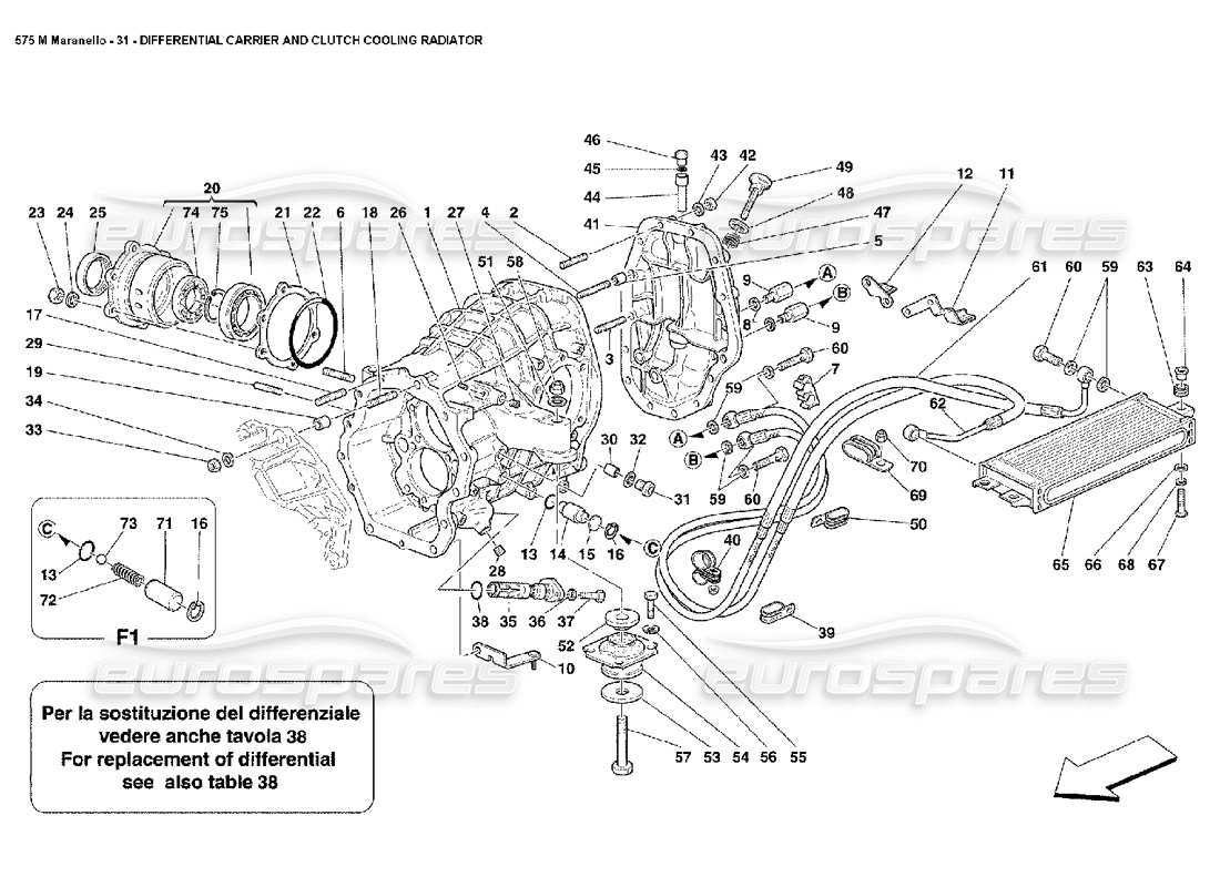 ferrari 575m maranello diagrama de piezas del radiador de refrigeración del embrague y del portador del diferencial