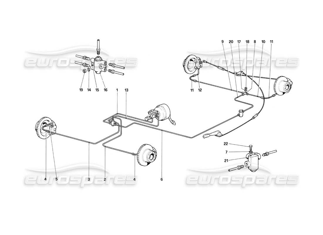 ferrari mondial 3.0 qv (1984) diagrama de piezas del sistema de frenos (válido solo para lhd hasta el número de chasis 43011)