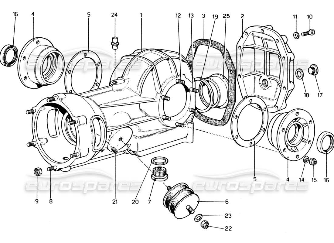 ferrari 365 gt4 2+2 (1973) diagrama de piezas de la carcasa diferencial