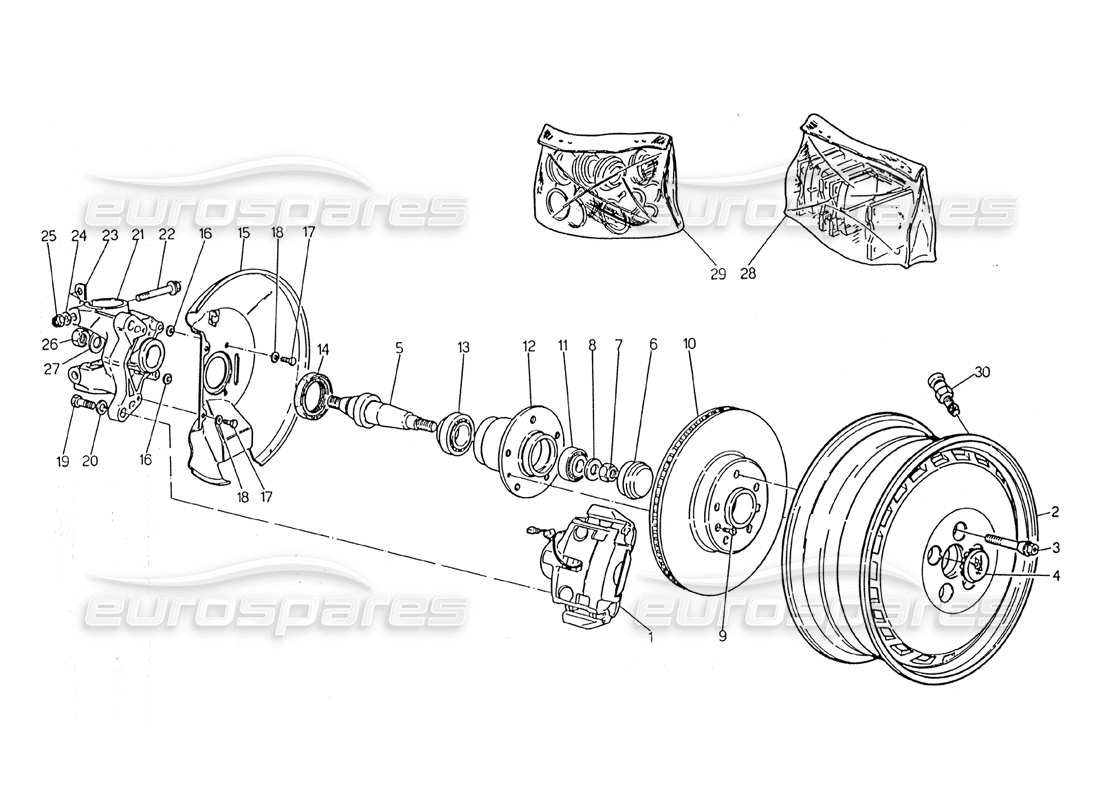 maserati 2.24v diagrama de piezas de ruedas, bujes y frenos delanteros