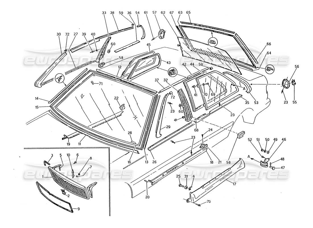 maserati 2.24v diagrama de piezas de la parrilla del radiador, acabados y vidrios fijos
