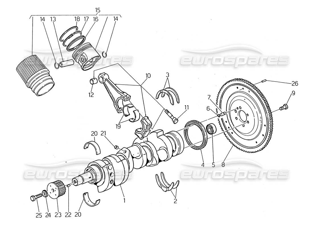 maserati 2.24v crankshaft - pistons, connecting rods and flywheel part diagram