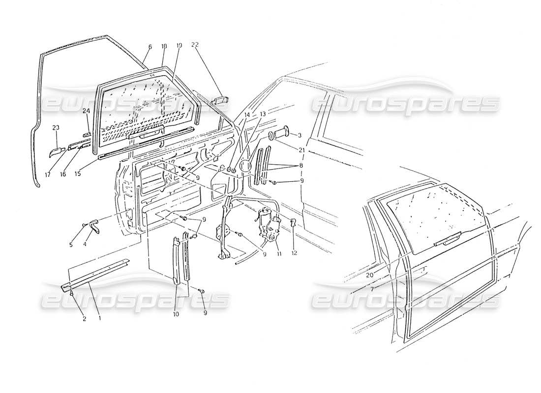 maserati karif 2.8 puertas: diagrama de piezas de ventanas y reguladores