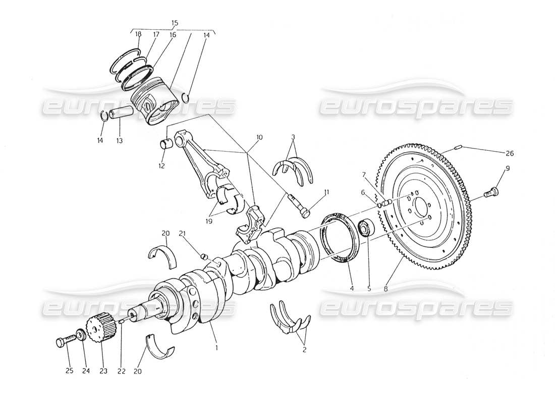 maserati karif 2.8 crankshaft - pistons - connecting rods and flywheel diagrama de piezas