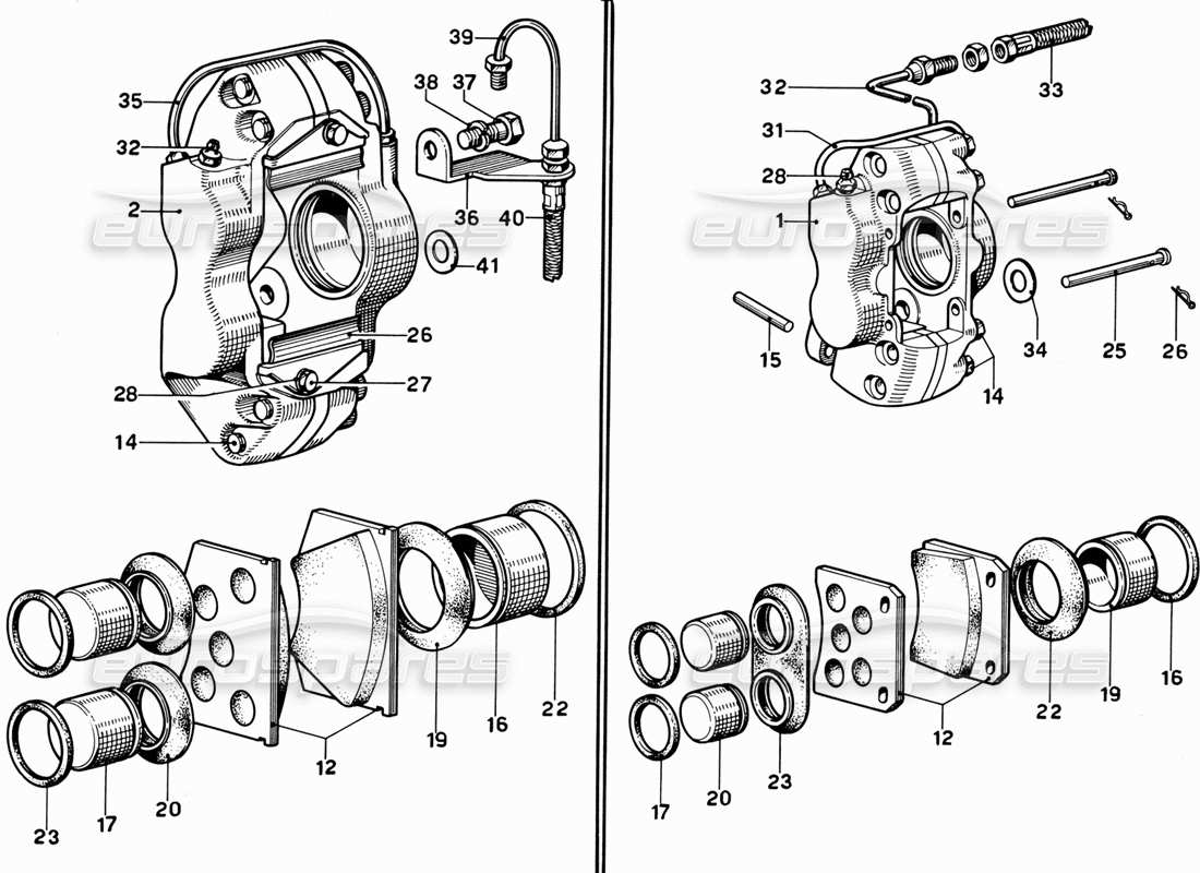 ferrari 365 gt 2+2 (mechanical) diagrama de piezas de las pinzas de frenos delanteros y traseros
