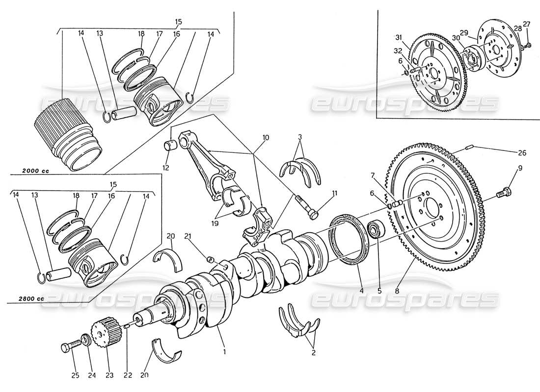 maserati 222 / 222e biturbo cigüeñal - pistones - bielas y diagrama de piezas del volante