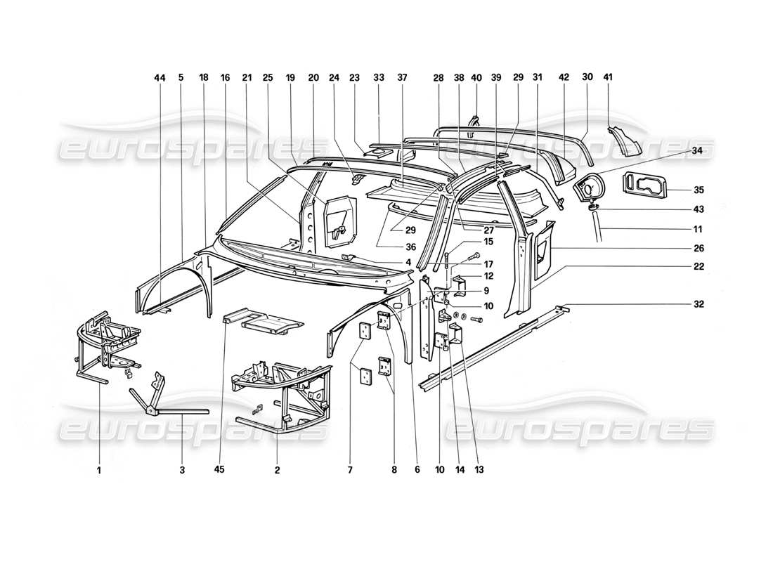 ferrari testarossa (1987) cuerpo - componentes internos diagrama de piezas