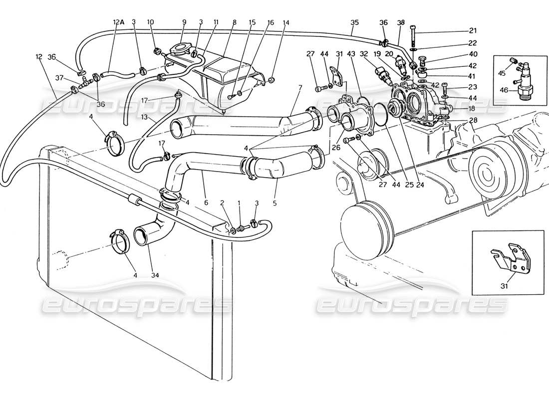 maserati 222 / 222e biturbo diagrama de piezas del termostato y tuberías de refrigeración del motor